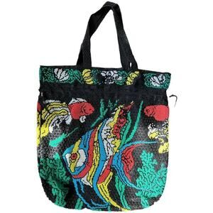 Lois Rousseau Black Multicolor Fish See World Beaded Tote